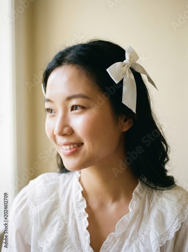 Young woman with hair bow looking away and smiling