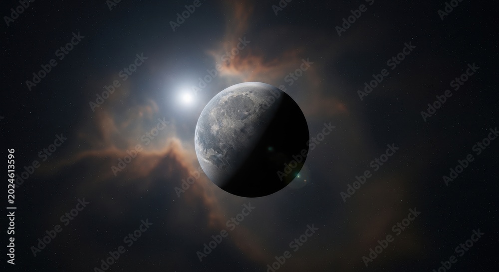 Obraz premium Planet Illuminated by Distant Star in Vast Cosmic Nebula