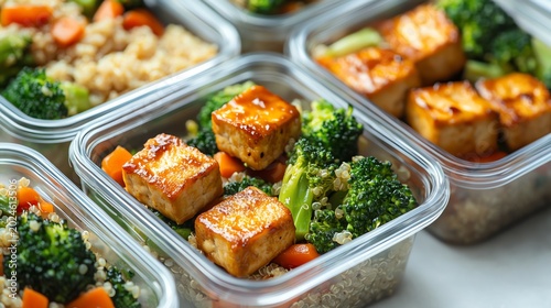 Healthy meal prep containers filled with quinoa, glazed tofu, and steamed broccoli for balanced nutrition.