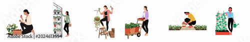 Set of Flat Vector Illustrations Showing Women Gardening, Harvesting Organic Strawberries, and Tending to Plants in Home Gardens and Greenhouses