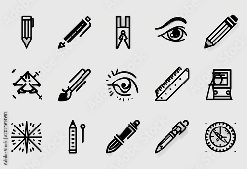 Set of Various Black Pencil and Drawing Tool Icons.