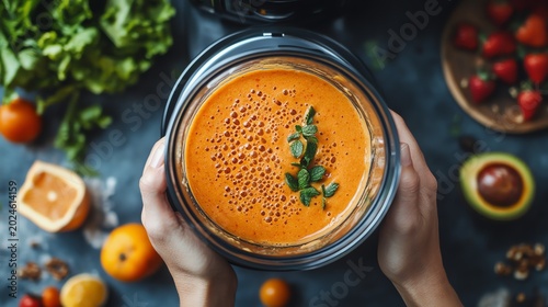 A vibrant green smoothie being poured into a glass, surrounded by fresh fruits and vegetables. Healthy lifestyle concept.