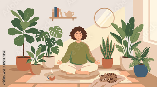 Fotografi Serene indoor meditation session with a person finding peace amidst lush housepl