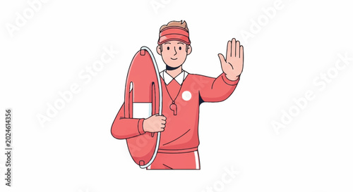 Lifeguard holding rescue buoy and signaling stop.