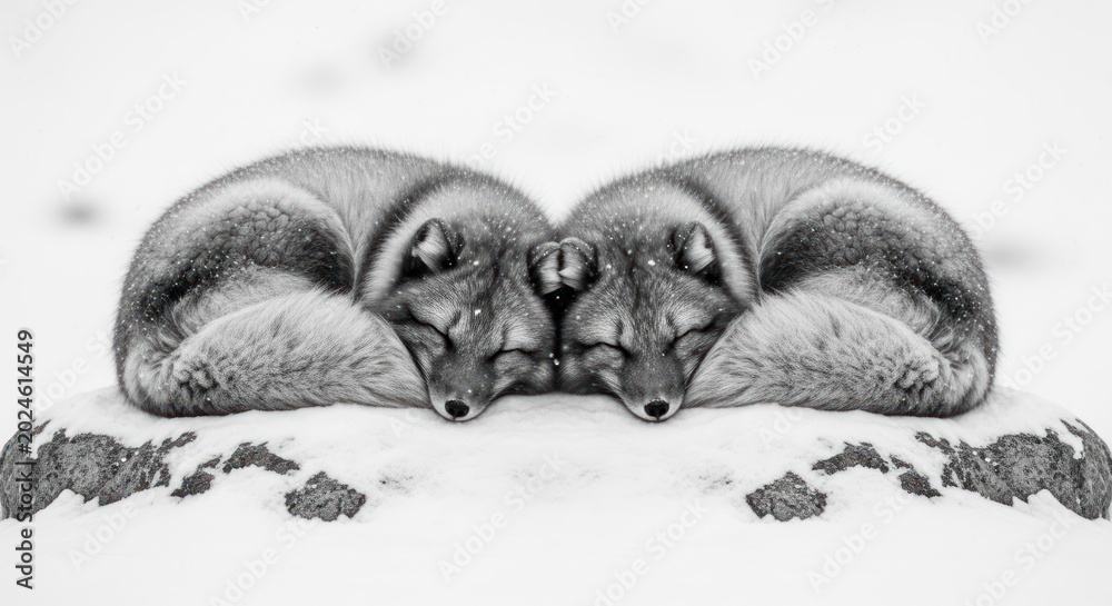 Fototapeta premium Two Arctic Foxes Sleeping Together in the Snow.