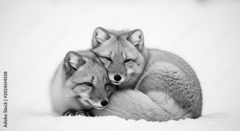 Fototapeta premium Two Foxes Cuddle Together in Snowy Winter Landscape Black and White.