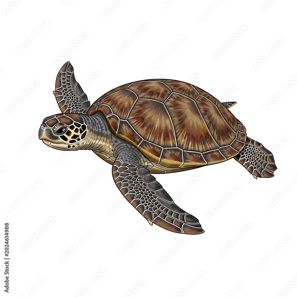 Fototapeta premium Sea turtle illustration with detailed shell and flippers on a white background