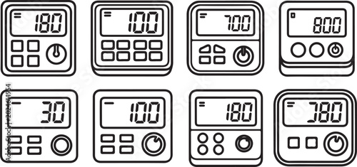 Digital clock displays showing different time and temperature readings vector icon Vector