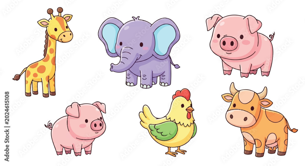 Fototapeta premium Cute Cartoon Farm Animals Collection Vector Illustration.