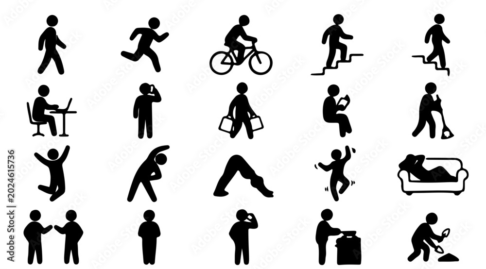 Fototapeta premium Daily Routine and Human Activities Stick Figure Icon Set