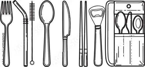 Konstfotografi Set of kitchen utensils including ladle pot holder and knives vector illustratio