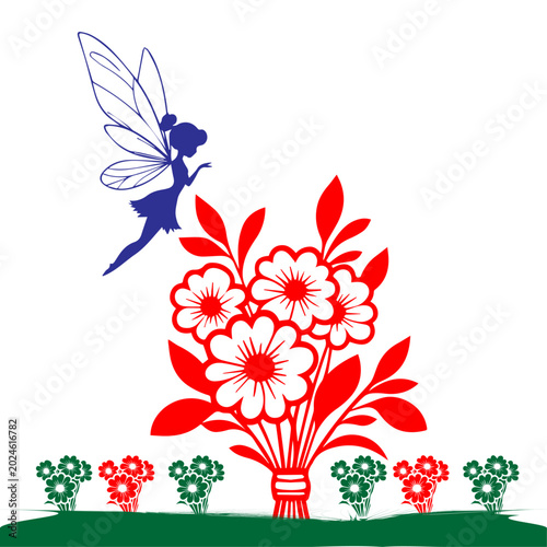 Cuadro en lienzo Fairy Silhouette with Red Floral Bouquet — Blue Tinkerbell Style Vector Clipart