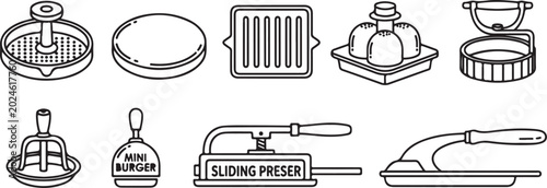 Foto Hand drawn kitchen gadgets and burger press icons set vector illustration Vector