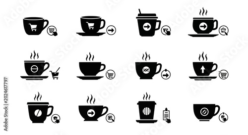 Black coffee cup icons with shopping and finance symbols representing e-commerce online purchase and business transactions on white
