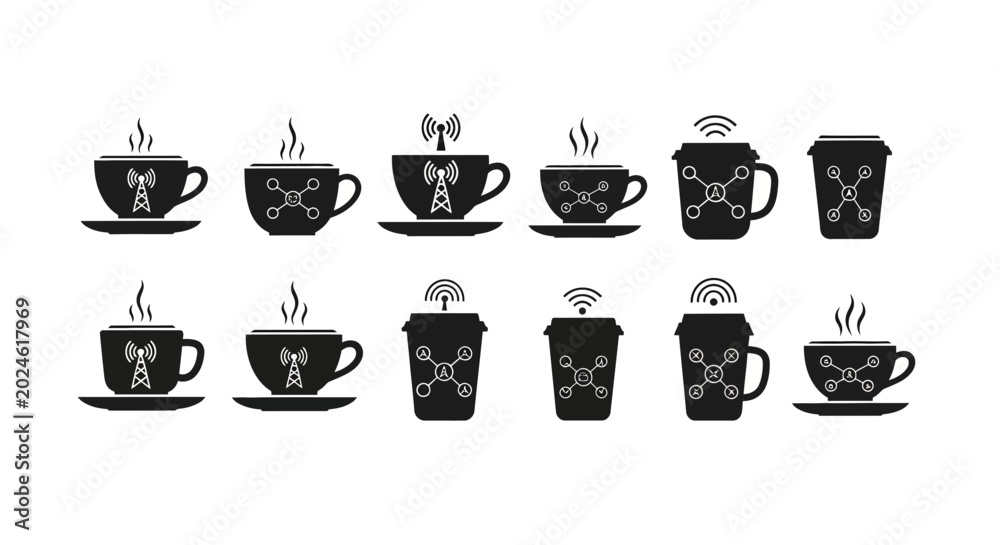 Fototapeta premium Collection of steaming coffee cup icons displaying various network and communication symbols like antennas and connected nodes