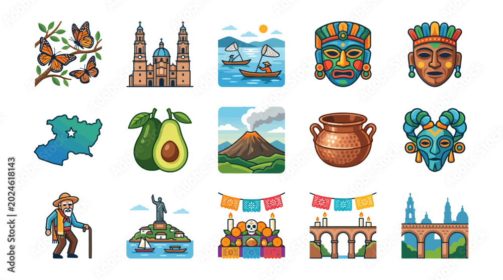 Fototapeta premium Collection of premium, sharp, and clean vector illustrations capturing the essence of Mexican culture, iconic landmarks, and natural beauty, featuring traditional art, festivals, and travel themes