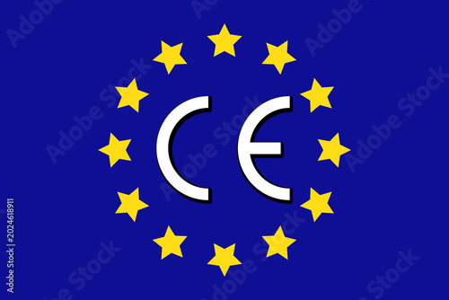 Foto CE marking (European Conformity) on the background of the EU flag