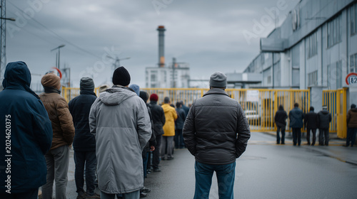 A closed factory gate during a shutdown, workers standing outside in silence, grey sky, industrial crisis atmosphere, realistic documentary photography