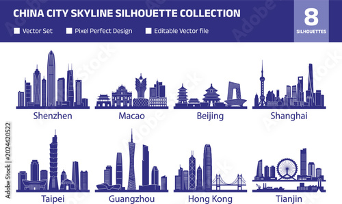 Obraz na płótnie China City Skyline Silhouette Collection with Famous Urban Landmark Horizons for