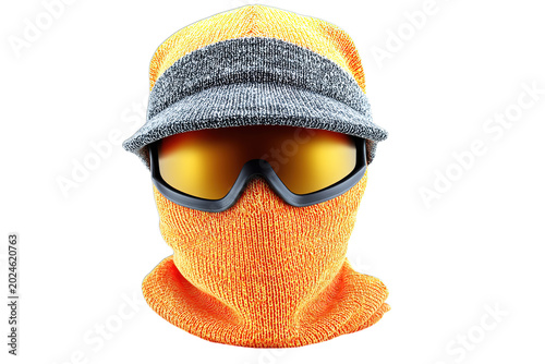 A vibrant orange ski mask with yellow goggles and a gray hat