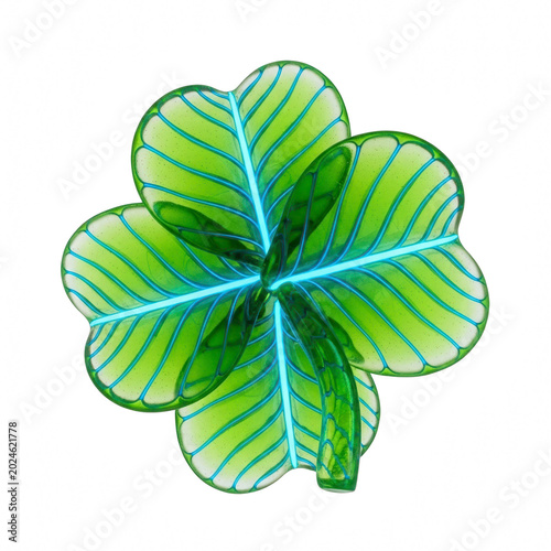 Green four leaf clover with glowing blue veins