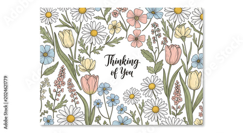 Thinking of you greeting card with hand drawn floral pattern and elegant calligraphy