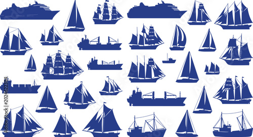 Fotografie Sailing Ship Silhouette Collection with Maritime Boat and Ocean Transport Symbol