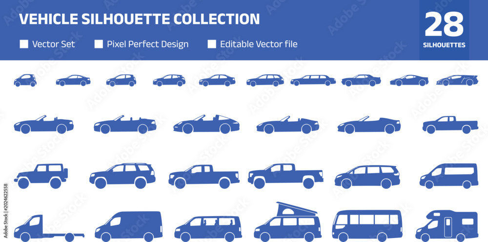 Obraz premium Vehicle Silhouette Collection with Car Van Truck and Transport Symbols for Automotive Graphic Design Projects