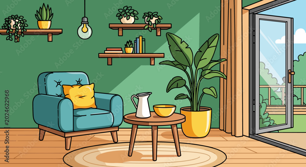 Fototapeta premium A cozy living room featuring a blue armchair, potted plant, and decorative shelves in a modern flat style