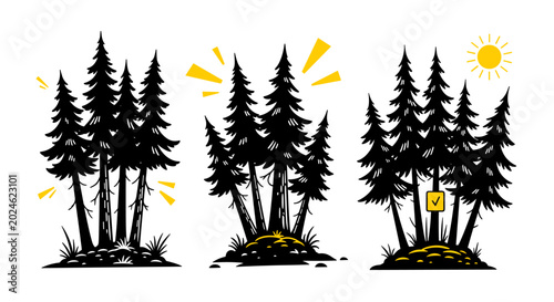 A collection of stylized pine trees with sun and decorative elements in a flat, minimalist design