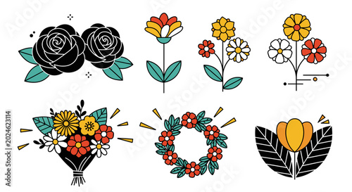 A vibrant collection of floral illustrations featuring roses, bouquets, and decorative elements in a modern flat style