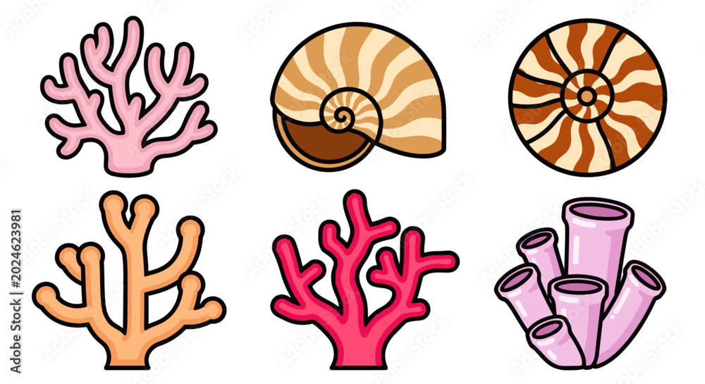 Fototapeta premium A vibrant collection of coral and seashell illustrations in a playful, colorful style, ideal for marine-themed designs