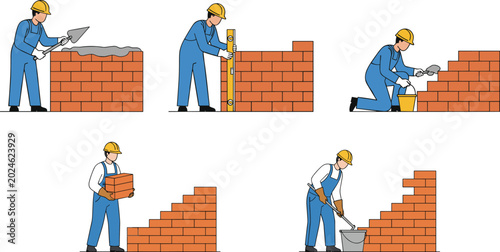 Photos Construction worker illustration collection featuring bricklaying, mortar spread