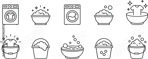 Laundry and washing icon collection featuring washing machines, buckets, shirts, bubbles, sparkles, and clean clothing design elements