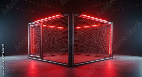 A dark industrial arena features a rusted chain-link cage illuminated by striking neon red light strips against a gritty concrete floor, crimson, industrial, intense