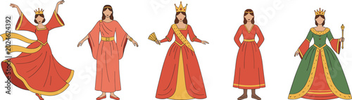 Quadro su tela Royal queen illustration collection featuring crowns, gowns, scepters, medieval
