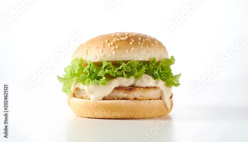 A mouthwatering close-up view of a freshly prepared chicken sandwich on a sesame seed bun with crispy lettuce and melted cheese on a clean white surface