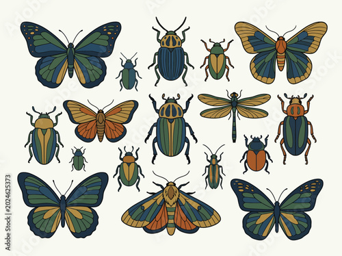 Fotografija Discover a vibrant assortment of insects, featuring butterflies, beetles, and moths, showcasing myriad colors and intricate patterns in this artistic display of nature's beauty