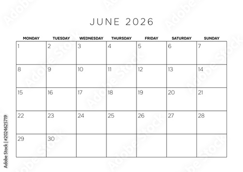 June 2026 Professional Monthly Calendar Template A4 Minimalist Planner Grid for Corporate Scheduling and Project Management