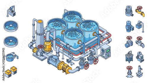 Industrial wastewater treatment vector icon sheet with isometric aeration tanks, sludge pumps, pipes, and valves in bright colors on white