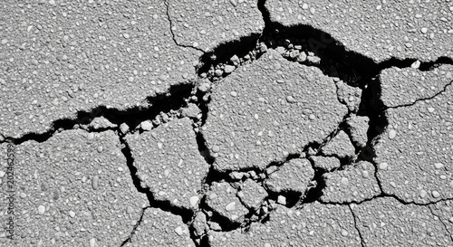 A monochromatic close up shot showing deep fissures and crumbling textures in weathered blacktop, illustrating severe road deterioration, maintenance, erosion, concrete