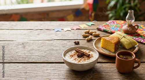 Traditional Brazilian Festa Junina breakfast with corn cake, rice pudding, coffee, peanuts, and colorful decorations on rustic wooden table.