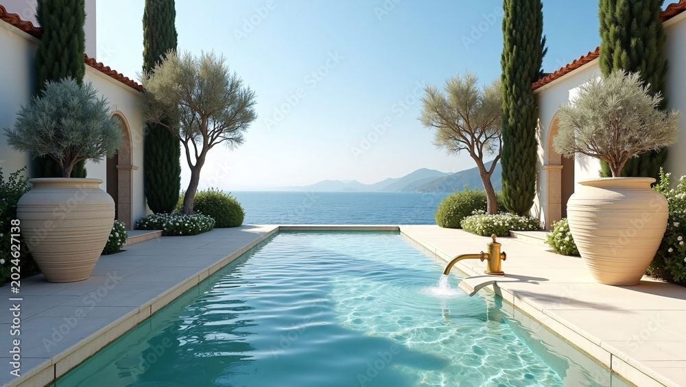 Fototapeta premium Mediterranean‑style villa terrace with sleek infinity pool, golden water spout, olive & cypress trees, overlooking calm blue sea.