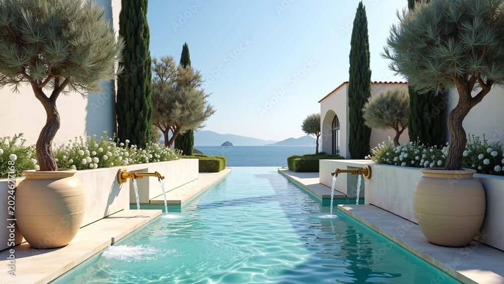 Fototapeta premium Mediterranean‑style infinity pool with golden water spouts, potted olive trees, cypresses, white blooms and serene sea‑mountain backdrop.