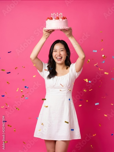 Happy young woman holding a birthday cake with confetti