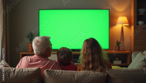 Heartwarming family bonding photography, grandparents sitting with grandchildren watching television with bright green chroma key screen, cozy modern home environment, emotional candid interaction, wa
