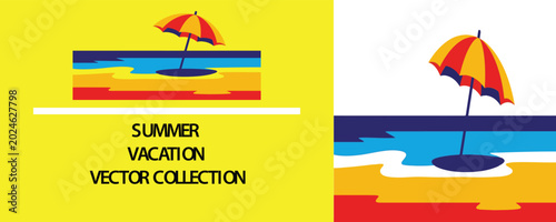 Foto Colorful beach umbrella and lounge chair on a tropical sandy shore under a sunset sky