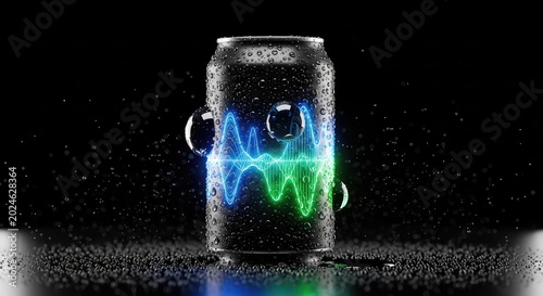 Sleek aluminum beverage can with glowing digital patterns and fresh water droplets on a dark reflective surface, representing modern tech, circuits, modern, can