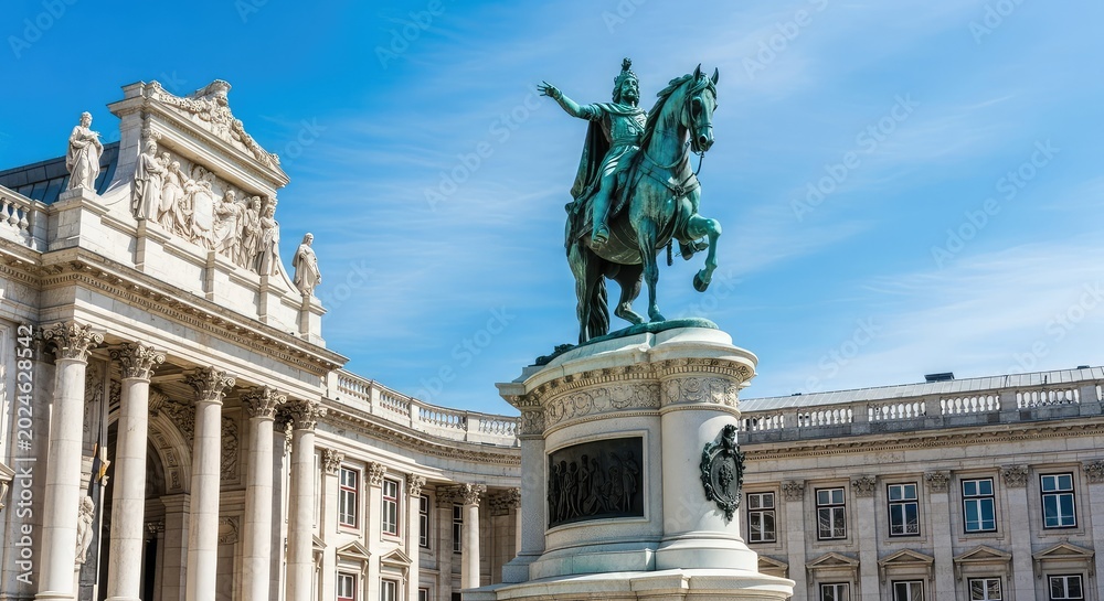 Fototapeta premium This majestic bronze monument stands tall against historical stone architecture, showcasing artistic heritage and timeless city history, form, statue, architecture
