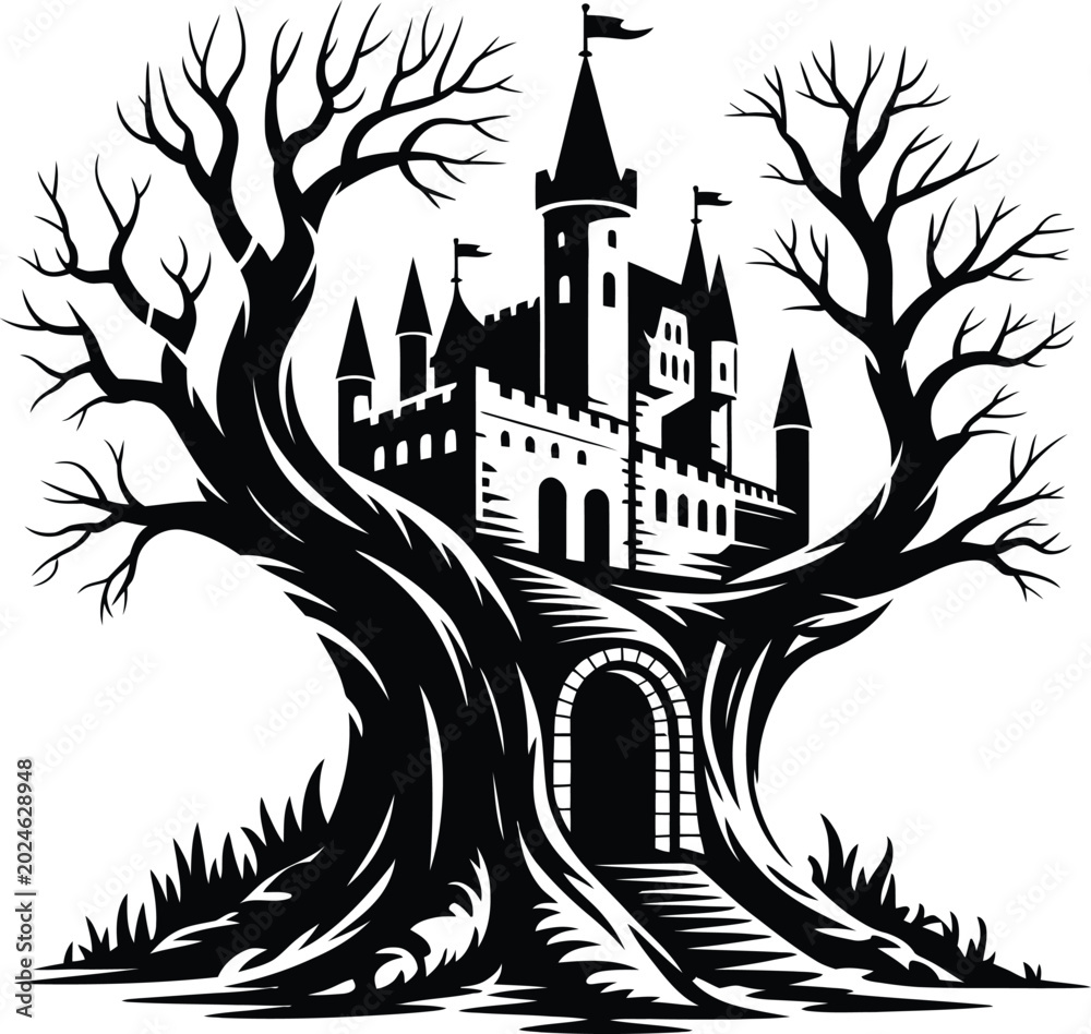 Fototapeta premium A medieval castle sits atop a twisted tree with bare branches and a stone bridge in a vector eps illustration.